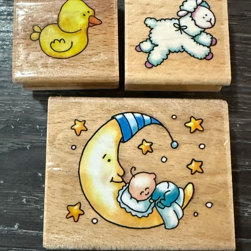 Wooden Art Stamps Set with Yellow, Blue, and White Illustrations